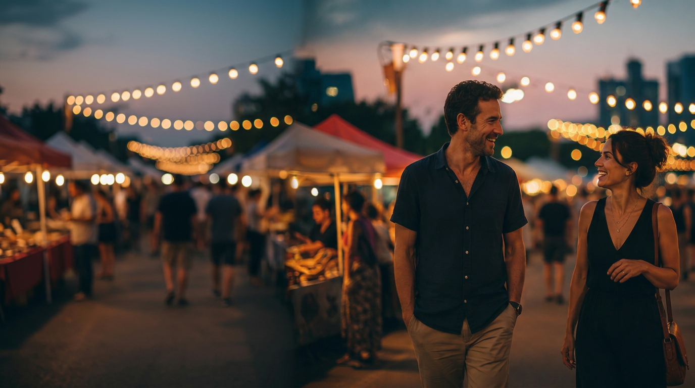 A smiling couple walking through an evening street market