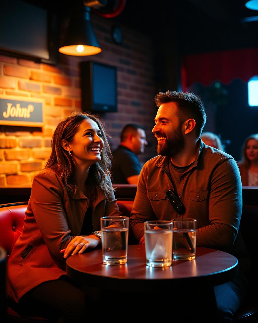 A woman and a man in their thirties laughing together at a small comedy club table