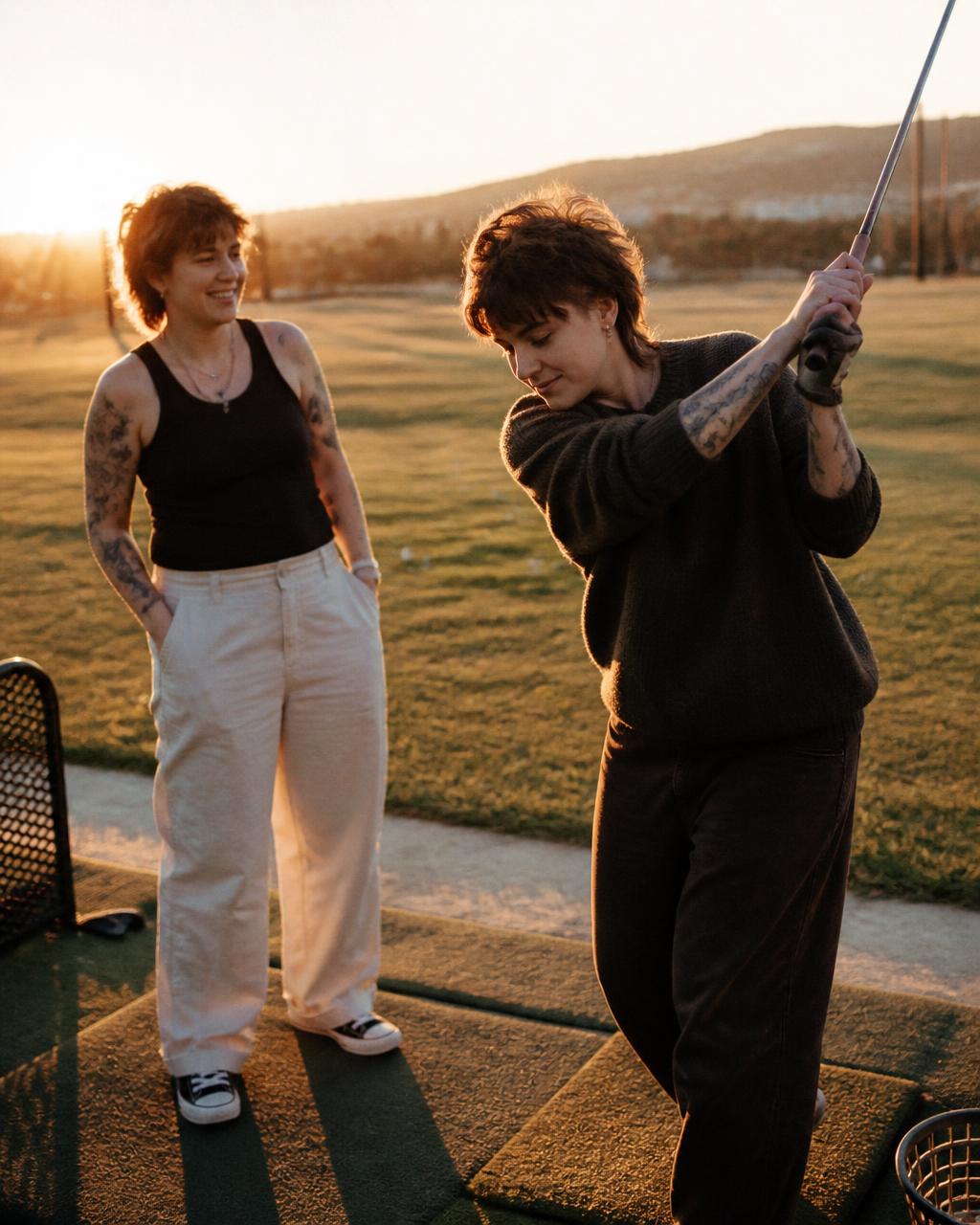 Two non-binary friends at a golf driving range at golden hour, one mid-swing