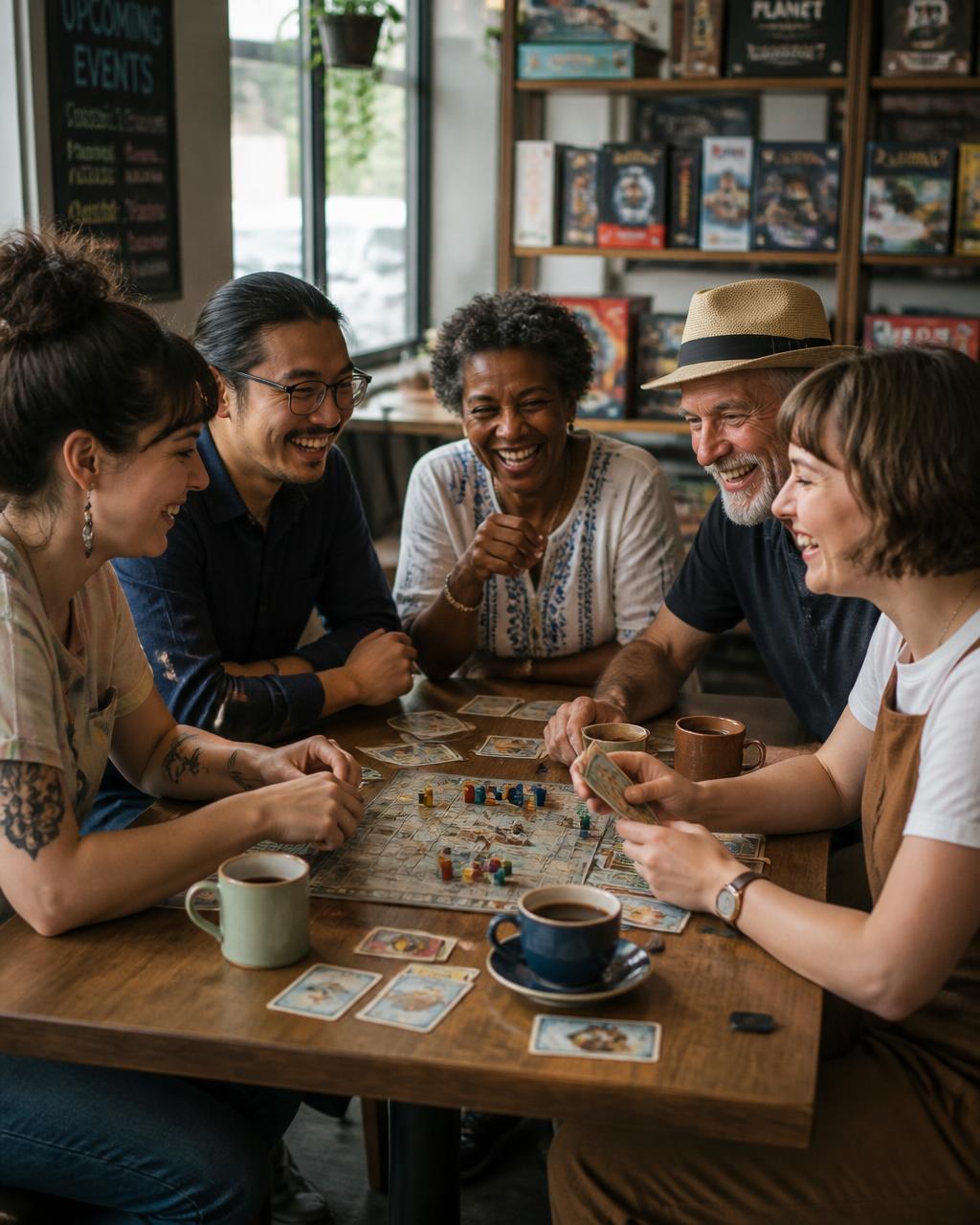 Friends of different ages laughing around a board game at a café table